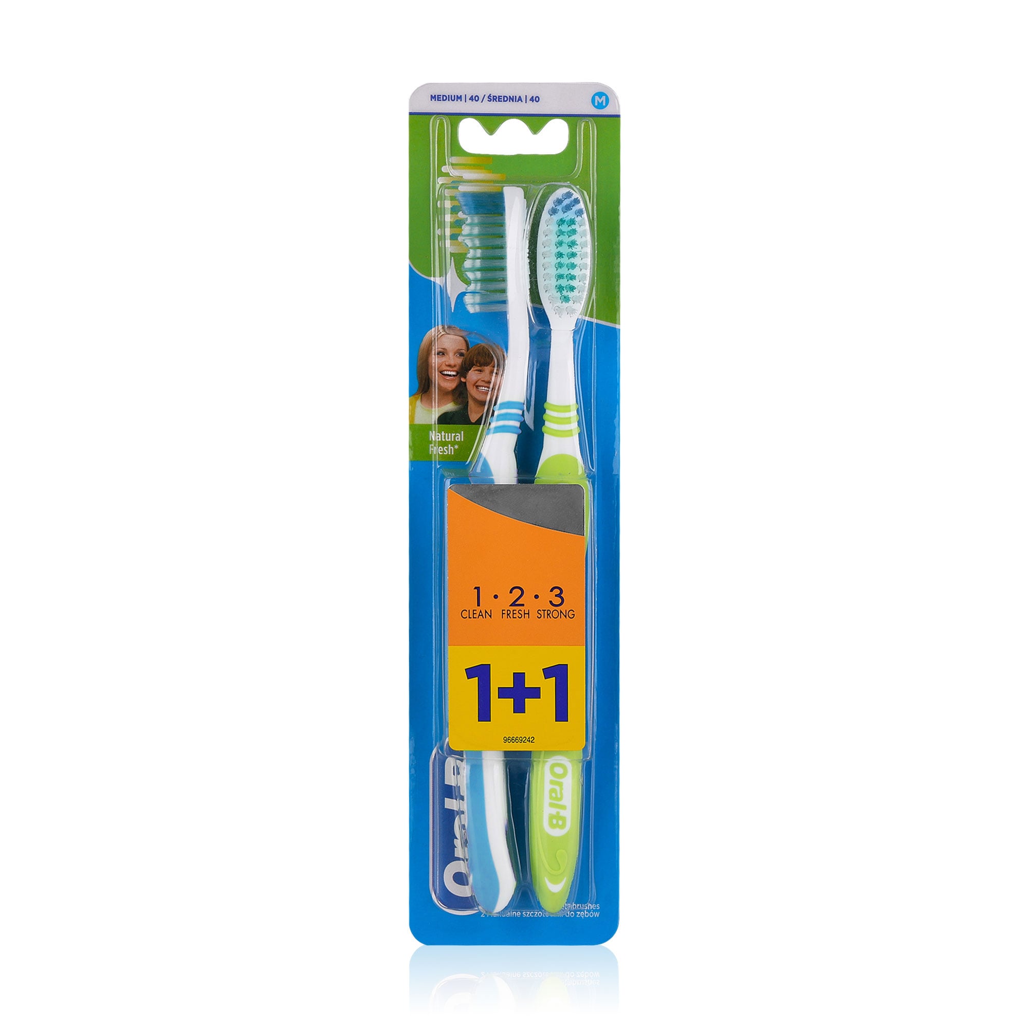 Зубна щітка Oral-B Природна свіжість 1-2-3, середньої жорсткості, блакитна-зелена, 2 шт