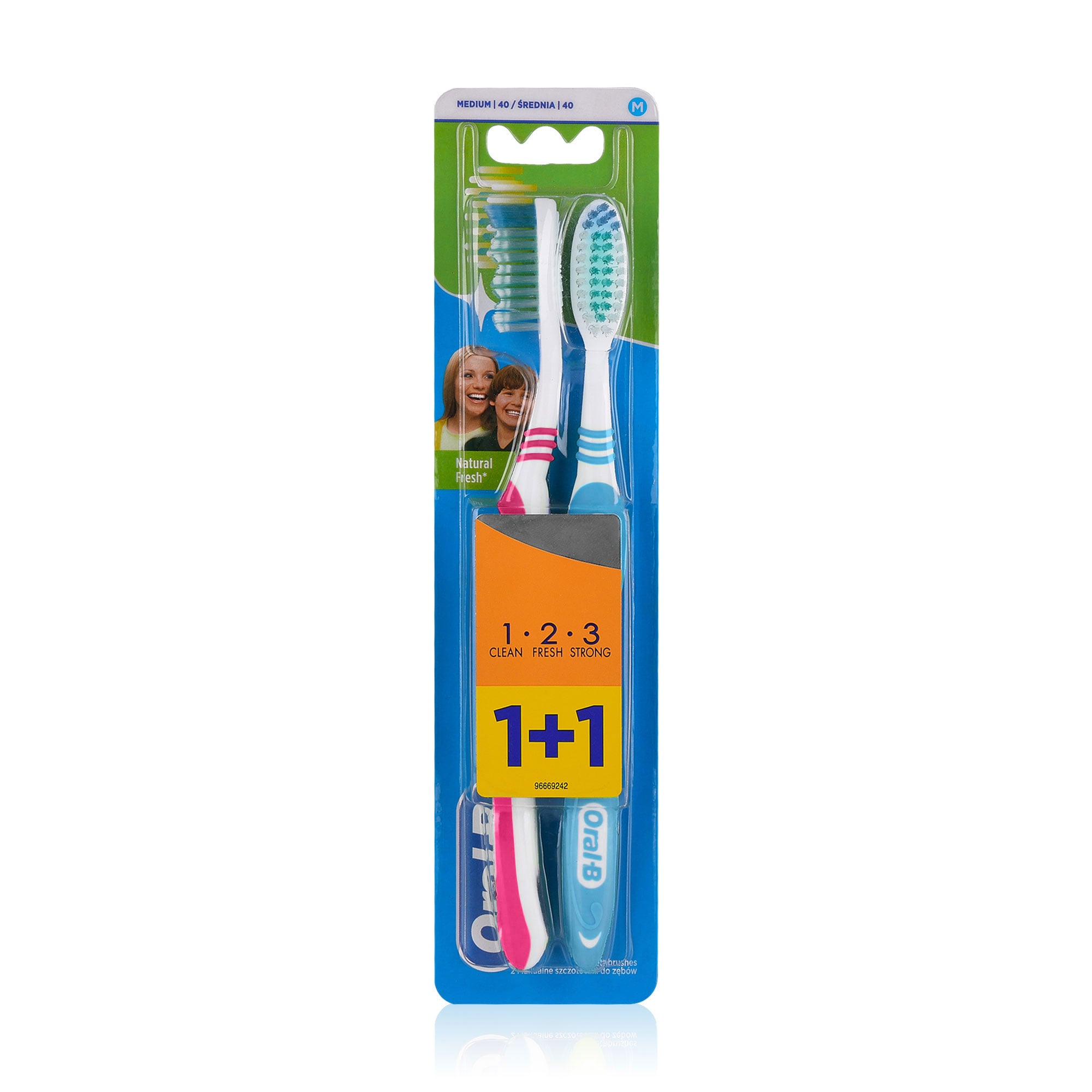Зубна щітка Oral-B Природна свіжість 1-2-3, середньої жорсткості, рожева-блакитна, 2 шт