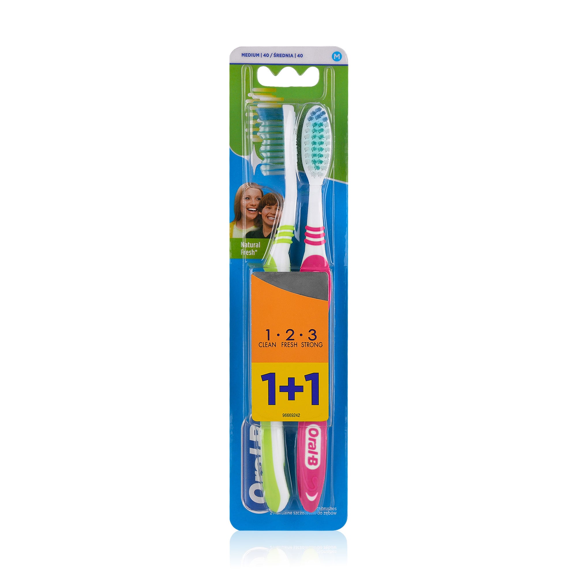 Зубна щітка Oral-B Природна свіжість 1-2-3, середньої жорсткості, рожева-зелена, 2 шт